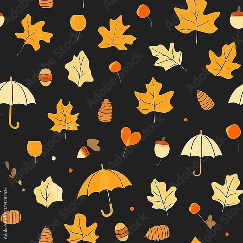 Seamless autumn pattern with orange yellow fall leaves acorns pine cones orange berries and umbrellas on dark background vector illustration design for seasonal textile and print