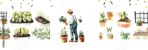 Watercolor illustration of gardener planting and taking care of potted plants with various green leafy vegetables and herbs in pots and beds on white background seamless pattern