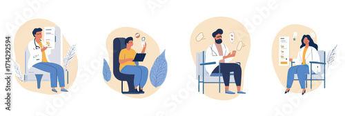 Set of diverse patients consulting doctors remotely through telemedicine video calls on tablet and smartphone devices in minimalist flat vector illustration