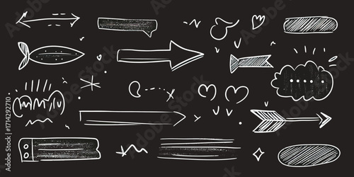 Hand drawn white chalk arrows underline speech bubbles hearts sparkle and brush stroke elements on blackboard background vector illustration