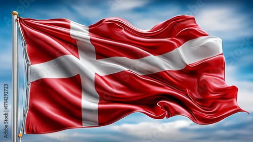 A waving Danish flag with a red background and a white cross. The flag flutters against a blue sky with clouds, symbolizing Denmark's national identity.