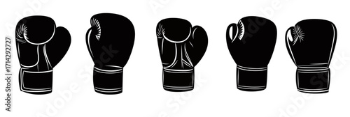 Black boxing gloves silhouettes set in flat minimalist vector style isolated on white background for sports equipment design and martial arts concepts