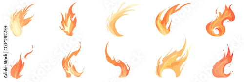 Collection of ten different stylized fire flames and fireball vector illustrations with smooth curved shapes in flat minimalist design isolated on white background for tattoo or graphic design