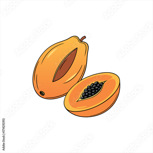 Illustration of a whole papaya and a halved papaya with seeds