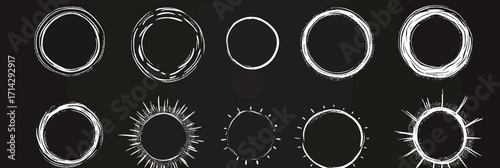 Hand drawn white chalk circle badge set with rustic grunge brush strokes and sunburst frames on black chalkboard background vector illustration for label and border design