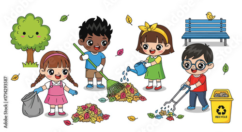 Children Cleaning Up Autumn Leaves in Park.
