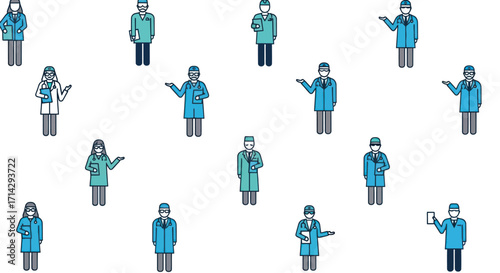 Diverse Group of Medical Professionals in Blue Scrubs and Coats.