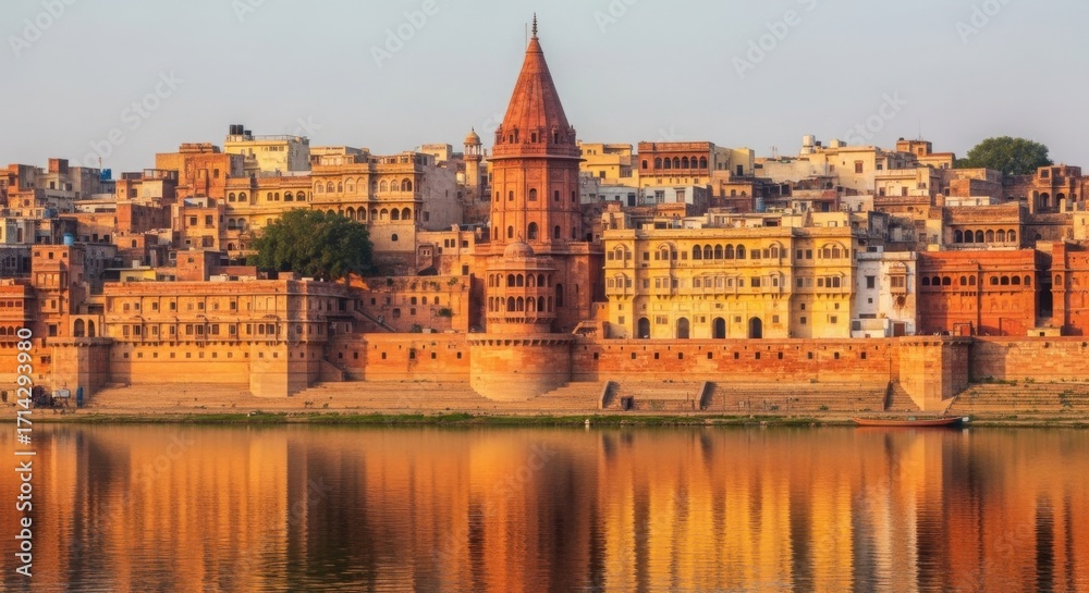 Obraz premium Cityscape view of buildings with a tower and water reflections in india at golden hour lighting time