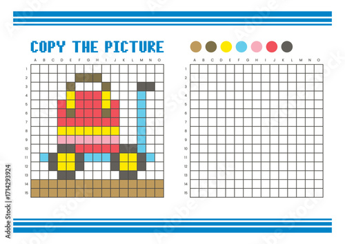 Copy the picture grid drawing worksheet for kids. Pixel art luggage cart and a bag