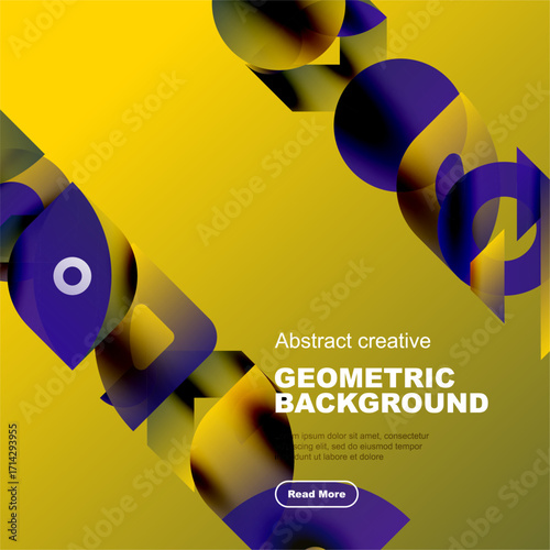 Vibrant geometric shapes overlap yellow, purple gradients. Modern design suggests creativity, innovation, digital art.