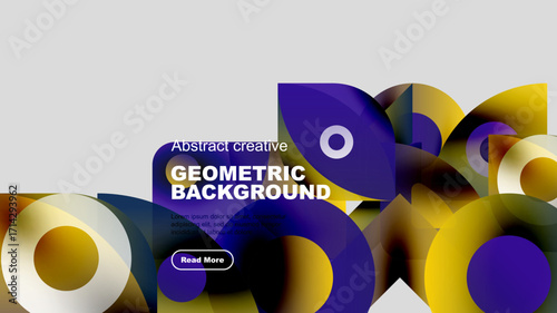 Abstract geometric background features vibrant shapes, colors. Text invites viewers explore more information. Modern design elements present.