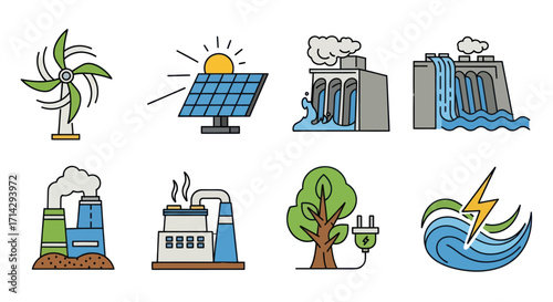 Diverse Energy Sources: Wind Turbine Solar Panel Hydroelectric Dam and More.
