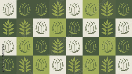 Floral pattern with alternating lotus and fern designs on a checkered green and beige background