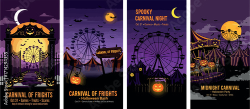 "Carnival of Frights" Vertical Banner Set with Spooky Ferris Wheel and Carousel at a Haunted Carnival