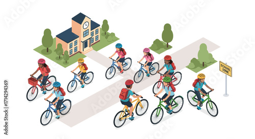 Diverse Students Cycling to School on an Isometric Road Illustration.