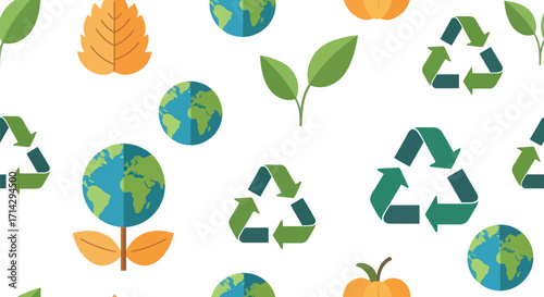 Eco-Friendly Pattern with Recycling Symbols and Earth.