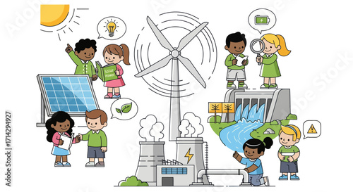 Children Exploring Renewable Energy Sources: Solar Panels Wind Turbine Hydroelectric Dam and Geothermal Plant.