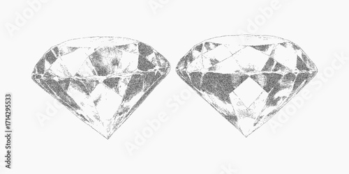 Two gemstones. Rough ink figure with vintage threshold noise, dusty paper grain and faded stipple scratches. Speckled shading and grit details.