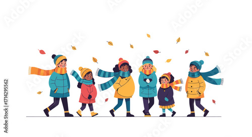 Happy diverse children walking in warm autumn clothes with falling leaves.