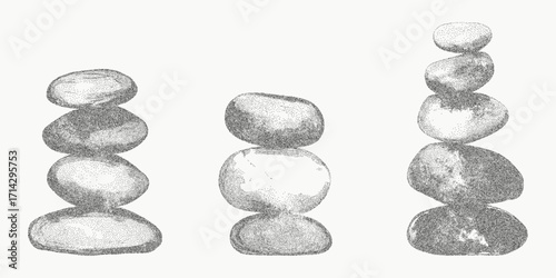 Towers of stones, balance. Ink silhouette with scattered stipple, halftone grain and vintage threshold. Faint grit lines and blurred texture.