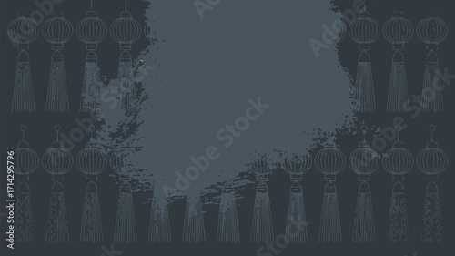 A dark background with rows of hanging lanterns and tassels in a faded and somewhat obscured view
