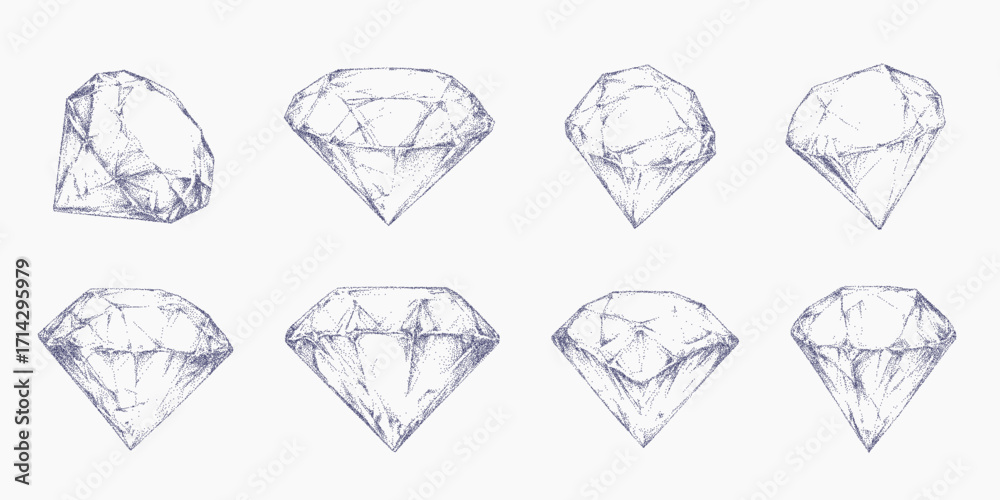 Set of crystal prints, precious diamonds. Faded brush shape with dusty grain rough texture and subtle ink threshold. Light stipple and uneven tone add aged paper effect.