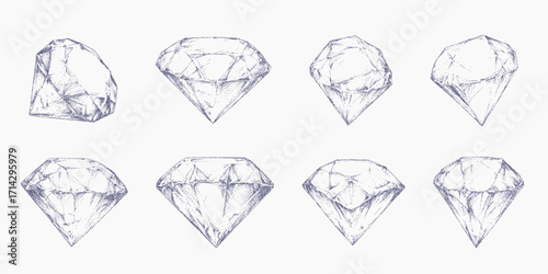 Set of crystal prints, precious diamonds. Faded brush shape with dusty grain rough texture and subtle ink threshold. Light stipple and uneven tone add aged paper effect.