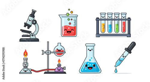 Adorable Cartoon Chemistry Lab Equipment with Happy Faces.