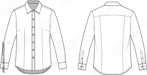 Long sleeve button down shirt technical fashion sketch, front and back CAD design, flat vector apparel illustration, sewing template drawing
