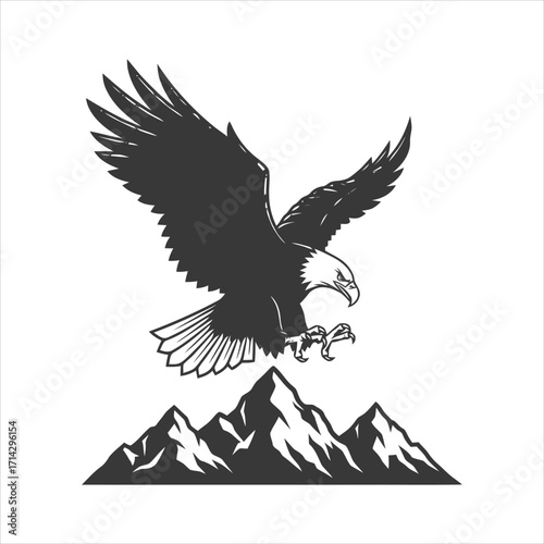 Dynamic bald eagle with spread wings descending over a bold silhouette of mountain peaks, a powerful vector emblem