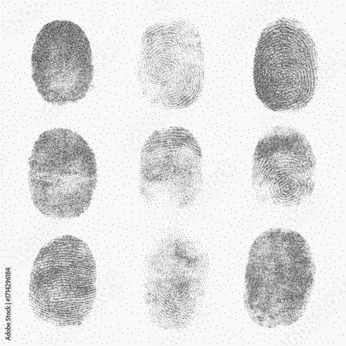 Different fingerprints. Faded form with dusty grain, subtle threshold blur, and worn ink marks. Grit scratches and paper grit spread over the textured shape.