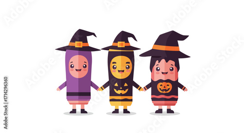 Three Cute Halloween Characters Holding Hands Wearing Costumes.