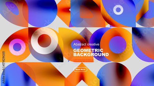 Abstract geometric background features vibrant orange, blue shapes. Modern design with text overlay, inviting exploration.