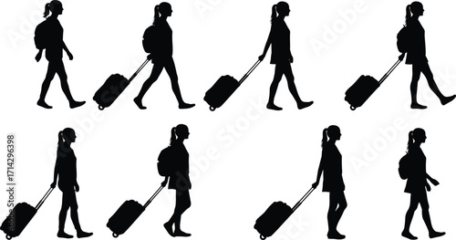 Silhouette sequence of traveler walking with rolling suitcase and backpack, tourism journey concept, airport passenger motion, travel animation design, transportation and on