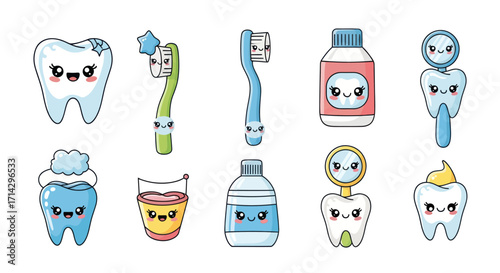 Cute Kawaii Dental Hygiene Cartoon Characters Set with Happy Faces.