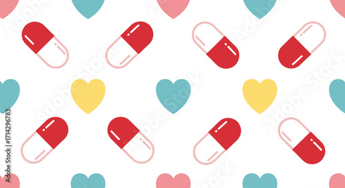 Colorful Capsules and Hearts Seamless Pattern.