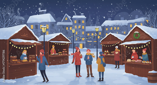 Winter Christmas Market Scene Snowing People Selling Goods Holiday Season Evening