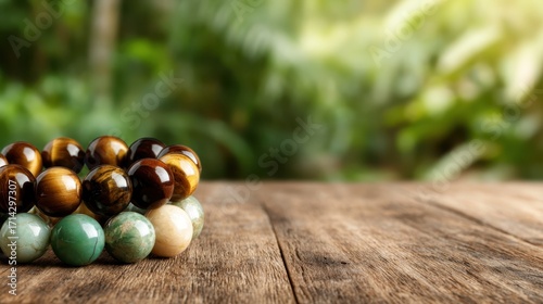 An artistic display of vibrant gemstone bracelets on a rustic wooden surface, bringing a natural elegance that showcases the charm of handcrafted jewelry and nature's beauty.