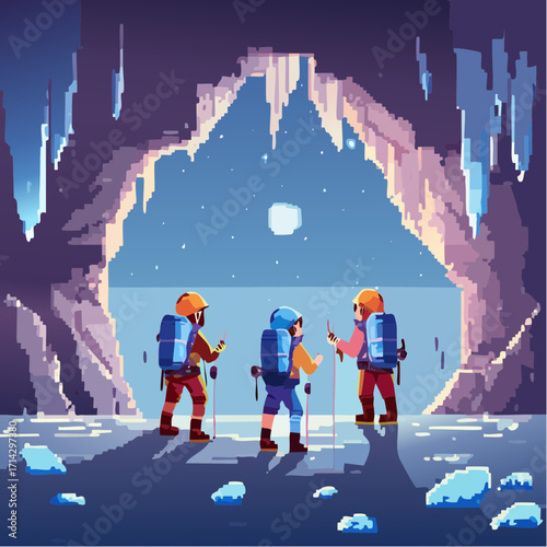 Hiking Team in Pixel Art Style Exploring a Snowy Cave Entrance with Icicles
