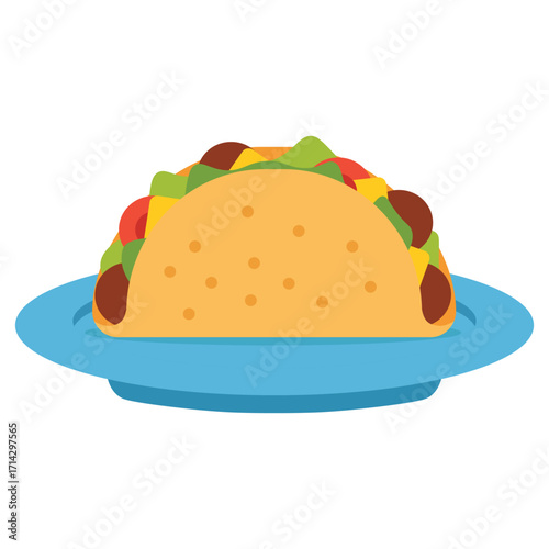 vector flat color of delicious taco with a hard shell, filled with fresh ingredients like ground meat, lettuce, cheese, and tomatoes, served on a blue plate.
