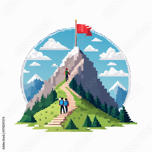 Two Hikers Ascend a Pixelated Mountain Path Towards a Red Flag at the Summit Under a Cloudy Sky