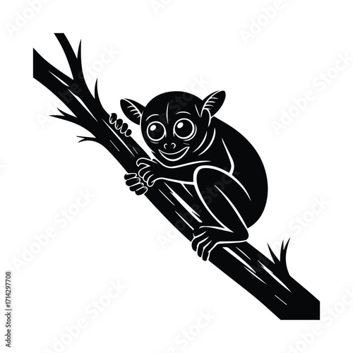 Cute Tarsier Illustration Clinging to a Tree Branch Graphic Silhouette Design