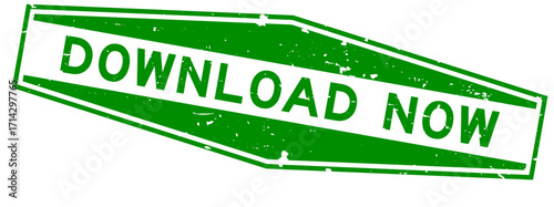 Grunge green download now word hexagon rubber seal stamp on white background