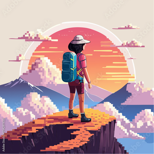 Pixel art hiker on a cliff overlooking a mountain landscape at sunset, a serene hiking adventure