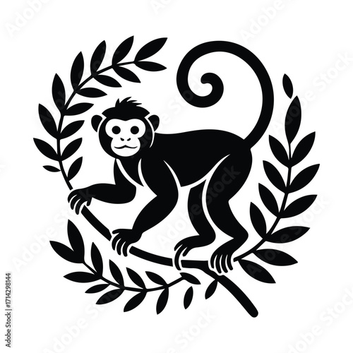 Cute monkey silhouette holding onto a branch surrounded by green leafy design in sticker style