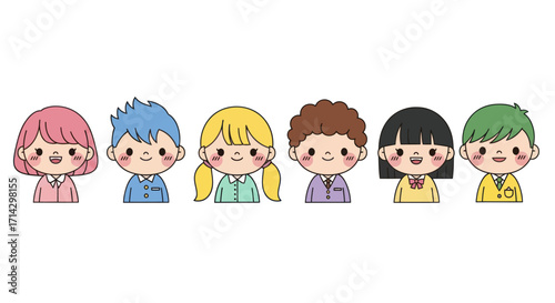 Cute Cartoon Childrens Faces with Diverse Hairstyles and Colorful Clothes.