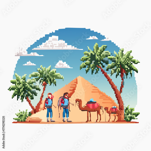 Adventurous Hiking Expedition Exploring the Majestic Pyramids with Camels in Pixel Art