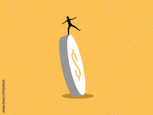Businessman balances on falling coin
