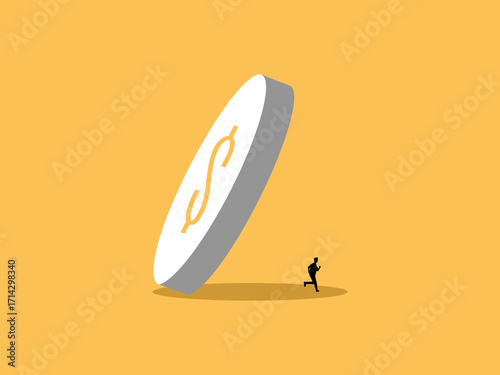 Businessman running away from falling coins