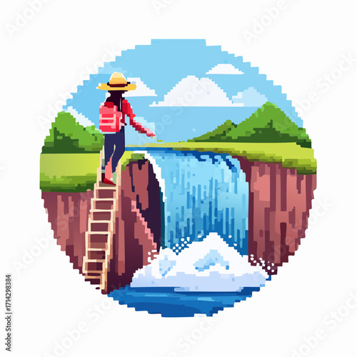 Pixel Art Hiking Adventure A Waterfall Journey